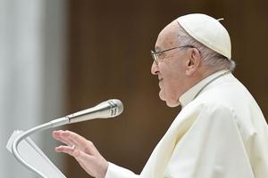 Pope Francis addresses the faithful at his Wednesday general audience on March 27, 2024.
