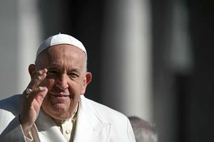 Pope Francis waves the crowds in Saint Peter's Square on April 25, 2024. 