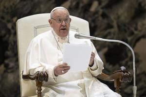 Pope Francis delivers a message during his general audience on Wednesday, May 1, 2024, in Paul VI Hall at the Vatican.