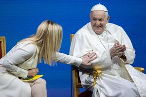 Pope Francis shared a stage with Italy's Prime Minister Giorgia Meloni on May 12, 2023, to speak at a two-day conference on “The General State of the Birth Rate,” held at Conciliazione Auditorium close to the Vatican.