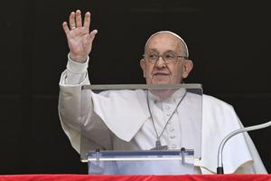 Pope Francis greets the crowd gathered at St. Peter's Square on May 5, 2024.
