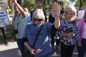 Pro-life advocates demonstrate prior to an Arizona House of Representatives session at the Arizona State Capitol on April 17 in Phoenix. The Arizona Legislature voted to repeal the 1864 abortion ban later in April. 