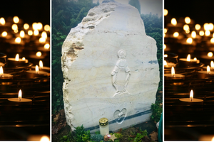 A tombstone made with imported marble from the island of Paros (known for its incomparable beauty and purity) with an image of the Miraculous Medal engraved on it, designed by the Tadié sisters for their dear mother. 