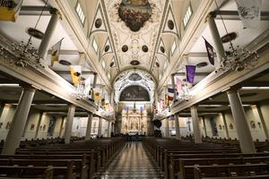 The ornate design of the St. Louis Cathedral is seen on February 17, 2021 within the Diocese of New Orleans, La. Investigators executed a search April 25, looking for documents, letters, email messages and personnel records, including records pertaining to assignments and transfers, according to an affidavit filed in Orleans Parish Criminal District Court in New Orleans.