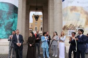 Vatican Dicastery for Communications prefect Paolo Ruffini and Vatican Secretary-General Sister Raffaella Petrini inaugurate the photographic exhibition titled “Changes” on May 7, 2024, in St. Peter’s Square at the Vatican.