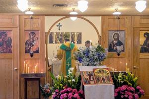 Bishop Robert Pipta of the Byzantine Catholic Eparchy of Parma, Ohio, celebrates a Divine Liturgy on Saturday, May 11, 2024, at the Byzantine chapel at Wyoming Catholic College, on the occasion of the installation and blessing of the new shrine.