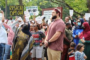 Parental and religious freedom rights advocates, including a group of Muslim parents, on June 6, 2023, protest a Maryland school system policy that removes parents’ authority to opt their children out of homosexual and transgender coursework.