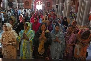 Catholics attend Mass at Sacred Heart Cathedral, the seat of the Archdiocese of Lahore, on Aug. 20, 2023, four days after a mob attacked several Pakistani churches over blasphemy allegations. More than 80 Christian homes and 19 churches were vandalized when hundreds rampaged through a Christian neighborhood in Jaranwala in Punjab province last Aug. 16. 
