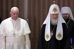 Pope Francis and the head of the Russian Orthodox Church, Patriarch Kirill, are seen during a historic meeting in Havana on Feb. 12, 2016.