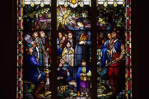 Interior view of a stained glass window of the Catholic Church Immaculate Conception in Pawhuska, Okla., USA. 