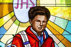 Stained glass of soon-to-be-Saint Carlo Acutis adorning Blessed Carlo Acutis Parish in Illinois.