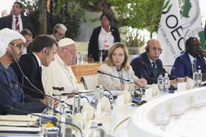 Pope Francis participates in his first G7 Summit on June 14, 2024. In his remarks, the pontiff stressed that human dignity requires that the decisions of artificial intelligence (AI) be under the control of human beings.