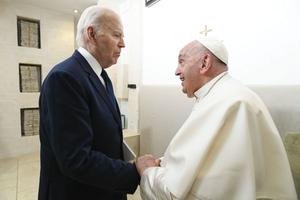 Pope Francis meets with U.S. President Joe Biden on Friday, June 14, 2024, after a session at the G7 summit, which is being held June 13–15 in the southern Italian region of Puglia.