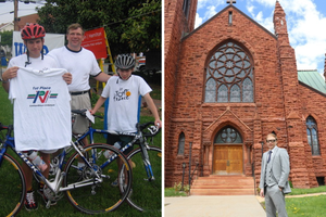 L to R: The Koelbl father and sons at a 2005 race in Maryland; Justin Koelbl outside of a Gothic church in upstate New York. The special glasses are for eye moisture retention.