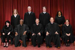 Justices of the U.S. Supreme Court pose for their official photo at the Supreme Court in Washington on Oct. 7, 2022: (Seated from left) Associate Justice Sonia Sotomayor, Associate Justice Clarence Thomas, Chief Justice John Roberts, Associate Justice Samuel Alito and Associate Justice Elena Kagan; (standing behind from left) Associate Justice Amy Coney Barrett, Associate Justice Neil Gorsuch, Associate Justice Brett Kavanaugh and Associate Justice Ketanji Brown Jackson.