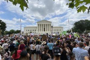 The scene outside the U.S. Supreme Court in Washington, D.C., after the court released its decision in the Dobbs abortion case on June 24, 2022. Pro-abortion demonstrators gradually made up a decided majority of the crowd as the day wore on. 