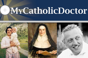 My Catholic Doctor logo with patron saints St. Gianna Molla, Venerable Catherine McAuley and Venerable Jérôme Lejeune.