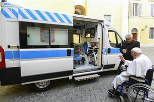 Pope Francis blesses the ambulance that he donated in June 2024 to to treat the wounded in Ukraine’s Ternopil region.