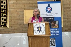 Teresa Larkin, co-chair of the Pregnancy Care Alliance and executive director of Your Options Medical, a pregnancy center in the state speaks in support of pro-life pregnancy centers in Massachusetts.