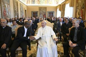Pope Francis meets with priests of the Sacred Heart of Jesus (Dehonians) on June 27 at the Vatican.