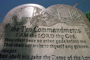 A 42-year-old Ten Commandments sculpture is on display in front of city hall June 27, 2001 in Grand Junction, Colo. 