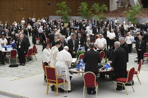 Pope Francis leads the Synod on Synodality delegates in prayer on Oct. 25, 2023.