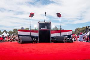 The podium for former U.S. President Donald Trump is set up ahead of a campaign rally at Sunset Park on June 9 in Las Vegas, Nevada.