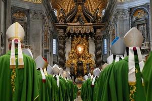 Bishops process into St. Peter's Basilica for the closing Mass of the first assembly of the Synod on Synodality on Oct. 29, 2023. 