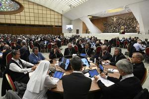 Delegates to the Synod on Synodality meet in the final days of the synod, Oct. 25, 2023.