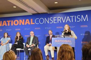 “Beyond Dobbs” panelists at the 2024 National Conservatism Conference on July 10, 2024, in Washington, D.C., included, left to right: Emma Waters, senior research associate at The Heritage Foundation; Mary Margaret Olohan, author and journalist at The Daily Signal; Tom McClusky, conservative policy strategist; Chad Pecknold, professor of systematic theology at The Catholic University of America; and Katy Talento, CEO of AllBetter Health.