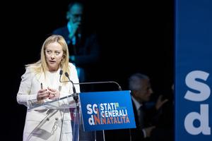 Italy's Prime Minister Giorgia Meloni speaks during a conference on “The General State of the Birth Rate” in Rome on May 12, 2023.