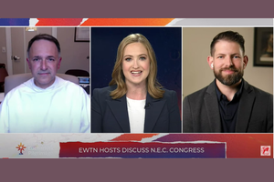 EWTN will be broadcasting live from the National Eucharistic Congress. L to R: Dominican Father Aquinas Guilbeau, The Catholic University of America chaplain and vice president of ministry and mission; ‘EWTN News In Depth’ host Catherine Hadro; and Peter Burak, vice president of Renewal Ministries, will be co-hosting EWTN coverage.