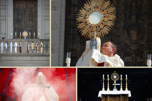 Clockwise from top left: Christ is adored in downtown Indianapolis July 20; Bishop Andrew Cozzens blesses the faithful with the Blessed Sacrament from the Indiana War Memorial July 20; the Host is elevated at Mass and adored at Lucas Oil Stadium on Day 2 of the NEC.