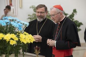 Vatican Secretary of State Cardinal Pietro Parolin meets with Major Archbishop Sviatoslav Shevchuk at the Cathedral of the Resurrection of Christ in Kyiv on Sunday, July 21, 2024.