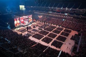 More than 50,000 kneel in adoration of the Eucharist at the National Eucharistic Congress at Lucas Oil Stadium in Indianapolis on July 18, 2024.