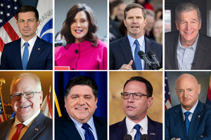 First row (L-R) Secretary Pete Buttigieg, Michigan Gov. Gretchen Whitmer, Kentucky Gov. Andy Beshear, and Gov, Roy Cooper of North Carolina. Bottom row (L-R) Minnesota Governor Tim Walz, Illinois Gov. J.B. Pritzker, Pennsylvania Gov. Josh Shapiro, and Senator Mark Kelly, D-Az.
