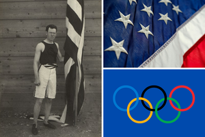 L: James Connolly at the 1896 Olympics; R: American flag and Olympic rings