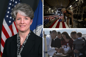 Clockwise from left: Retired Army Col. Anita Raines, the new chancellor for the Military Archdiocese; a chaplain accompanies the fallen; and Father Lt. David Hammond (left), a chaplain aboard amphibious assault ship ‘USS Bonhomme Richard,’ baptizes the son of Lt. Cmdr. Christopher Dike, the flight deck officer of ‘Bonhomme Richard,’ on the ship’s flight deck.