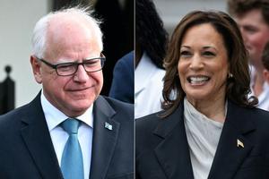 (L-R) Governor of Minnesota Tim Walz in Washington, DC on July 3, 2024. Vice President Kamala Harris in Washington, DC on July 22, 2024. Harris picked Walz as her running mate on August 6, 2024. 
