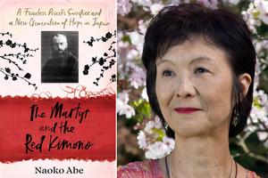 Naoko Abe (r) and the cover of her book, ‘The Martyr and the Red Kimono’