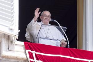 Pope Francis waves to pilgrims gathered in St. Peter’s Square at the Vatican for his Angelus address on the solemnity of the Assumption on Aug. 15, 2024.