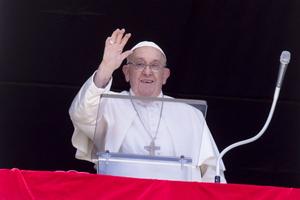 Pope Francis greets the faithful gathered in St. Peter's Square on Aug. 25, 2024.