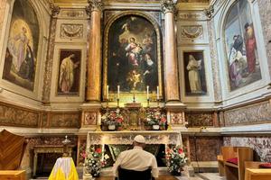 Pope Francis visits the Basilica of St. Augustine in Rome on Tuesday, Aug. 27, 2024.