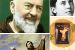 Clockwise from top left: Padre Pio and Gemma Galgani, stigmatist saints; the book cover of Paul Kengor’s ‘The Stigmatists’; and ‘St. Francis of Assisi in Ecstasy,’ by Jusepe de Ribera, 1639