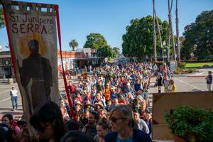 Participants in the St. Junípero Serra Walking Pilgrimage arrive at Mission San Buenaventura Aug. 11, 2024. This mission is one of the stops on the new summer ‘California Camino’ route.