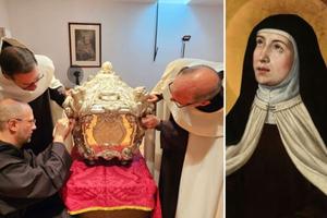 Opening of the silver tomb of St. Teresa of Ávila; portrait of St. Teresa of Ávila
