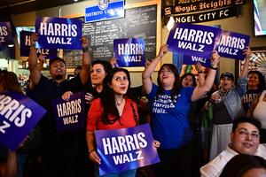 Supporters of the Latinos for Harris-Walz campaign attend a Los Angeles party to watch U.S. Vice President and 2024 Democratic presidential candidate Kamala Harris deliver her acceptance speech on Aug. 22 in Chicago. 