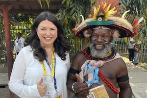 Journalist Courtney Mares with Papuan chief Mudiya Kepanga, of the Huli tribe, who hails from Papua New Guinea’s Hela Province.