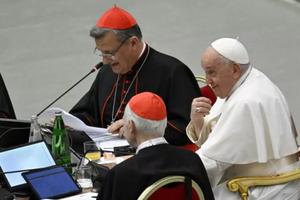 Cardinal Mario Grech and Pope Francis at the conclusion of the Synod on Synodality on Oct. 28, 2023.