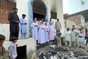The archbishop of Islamabad-Rawalpindi, Joseph Arshad, addresses the persecuted Christian community of Jaranwala in August 2023.